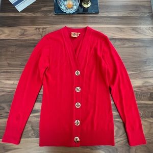 Tory Burch Logo V Neck Merino Wool Cardigan